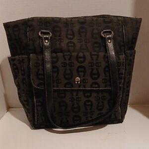 Etienne Aigner Black Monogram Logo Trapezoid Tote Purse Bag